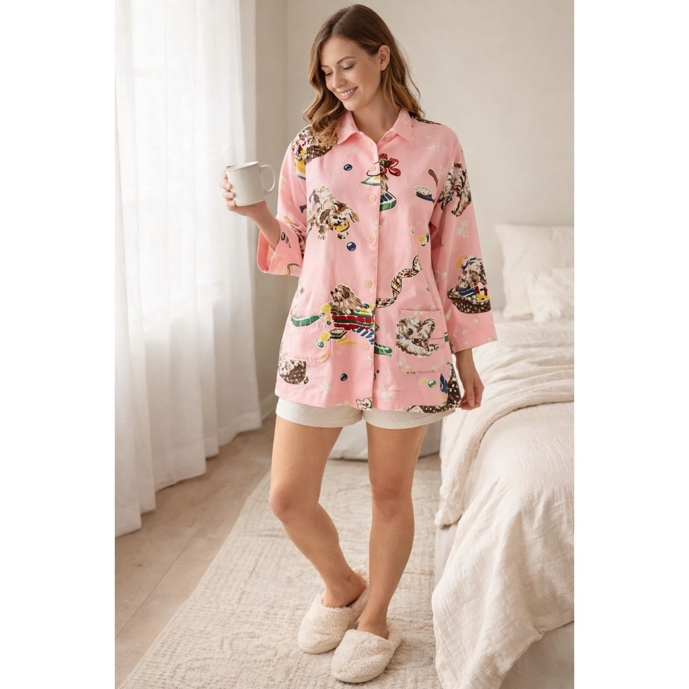 Nick & Nora Sleepwear Pink Dog Print Pajama Top XL 16 Cute Novelty Bath